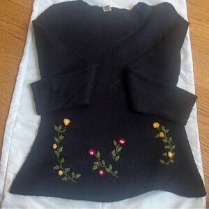 Womens Punasur Textile Alpaca Black V-Neck Embroidered Sweater Floral Accent